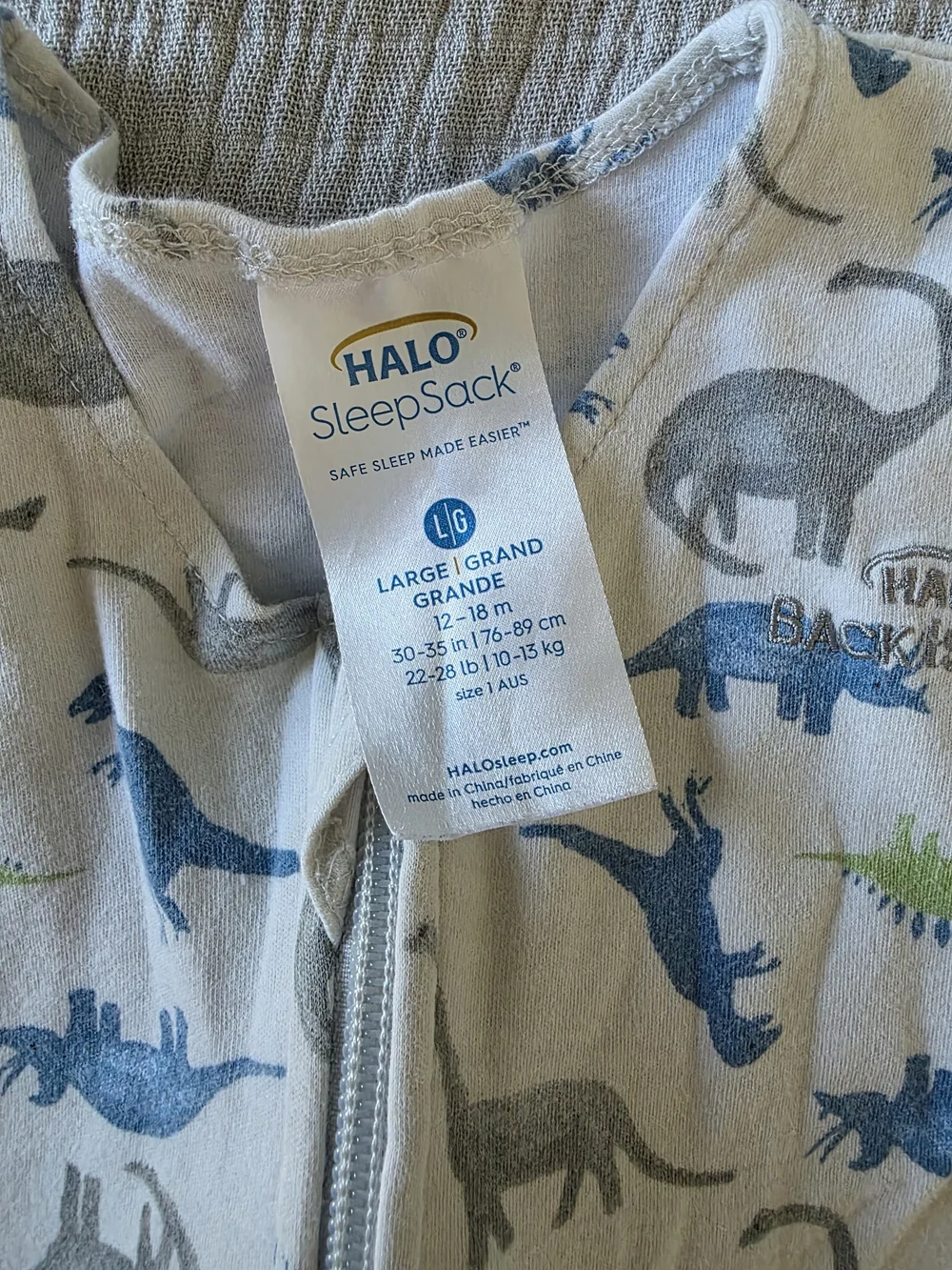 Halo Sleeveless Sleep Sack in White with Blue, Gray & Green Dinosaur Print